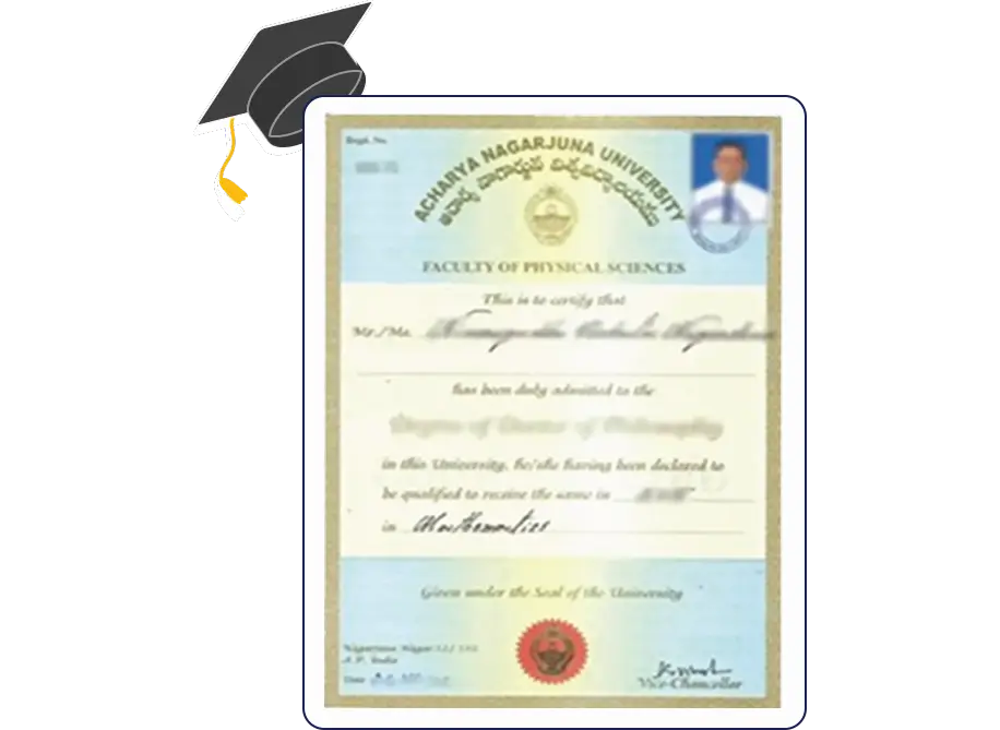 Official certificate image of the Acharya Nagarjuna Univ BA Econ, Banking, Computers degree, showing university seal and authorized signatures.