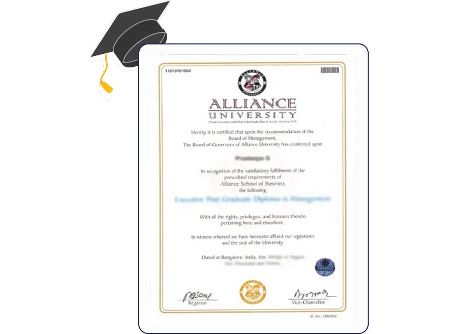 Certificate issued by Alliance University recognizing academic completion with official seal and signatures.