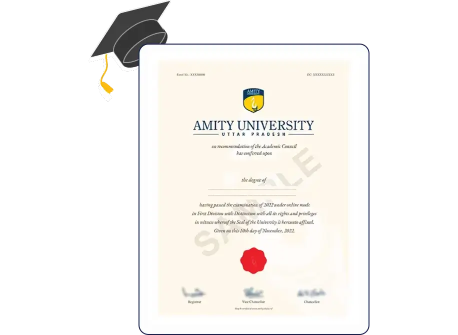 Official certificate imaget of Amity University Online MBA in Digital Entrepreneurship Management with formal typography.