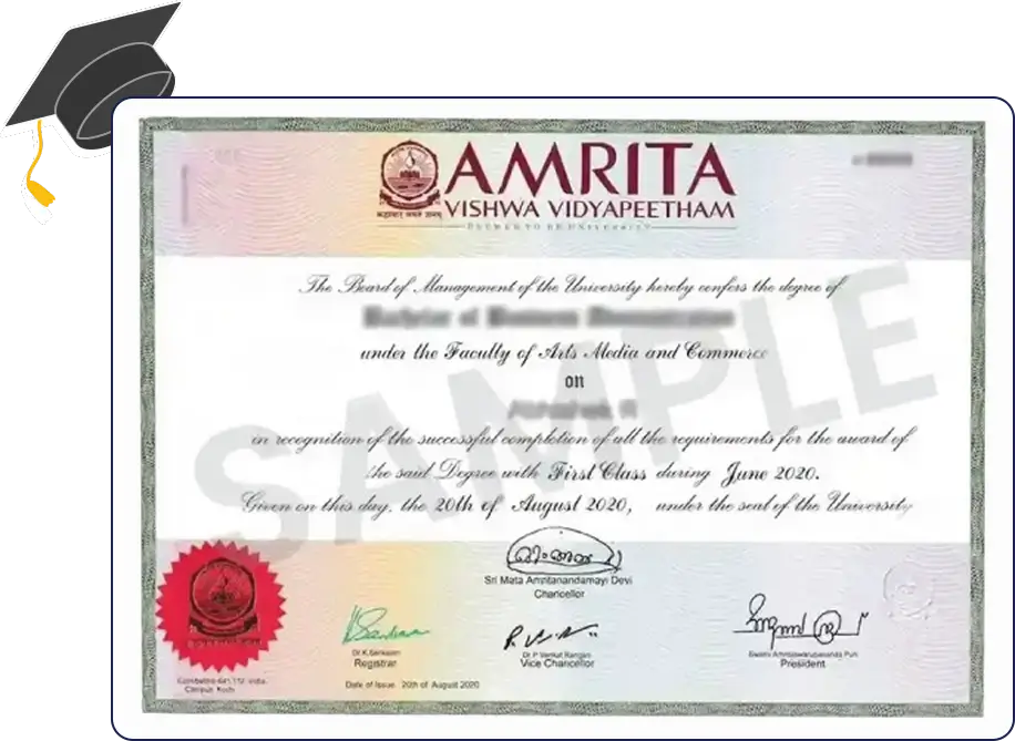 Official certificate layout for Amrita University Online MBA in International Finance and Accounting with university seal