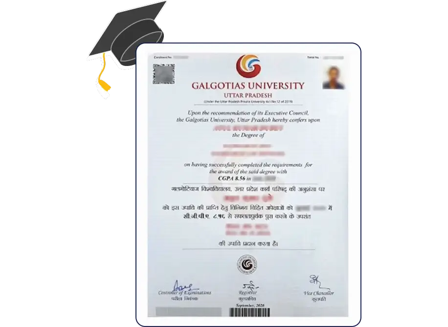Official certificate for Galgotias University Online MBA in Operations Management with layout, university logo and academic styling