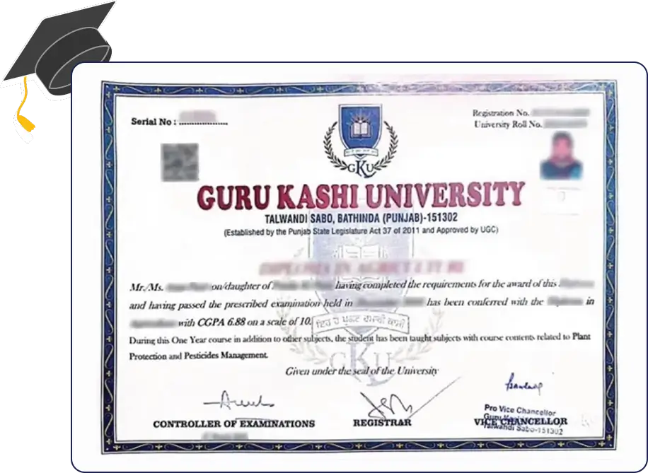 Official certificate for Guru Kashi University Online MLIS with neat formal layout, institutional seal and professional academic styling