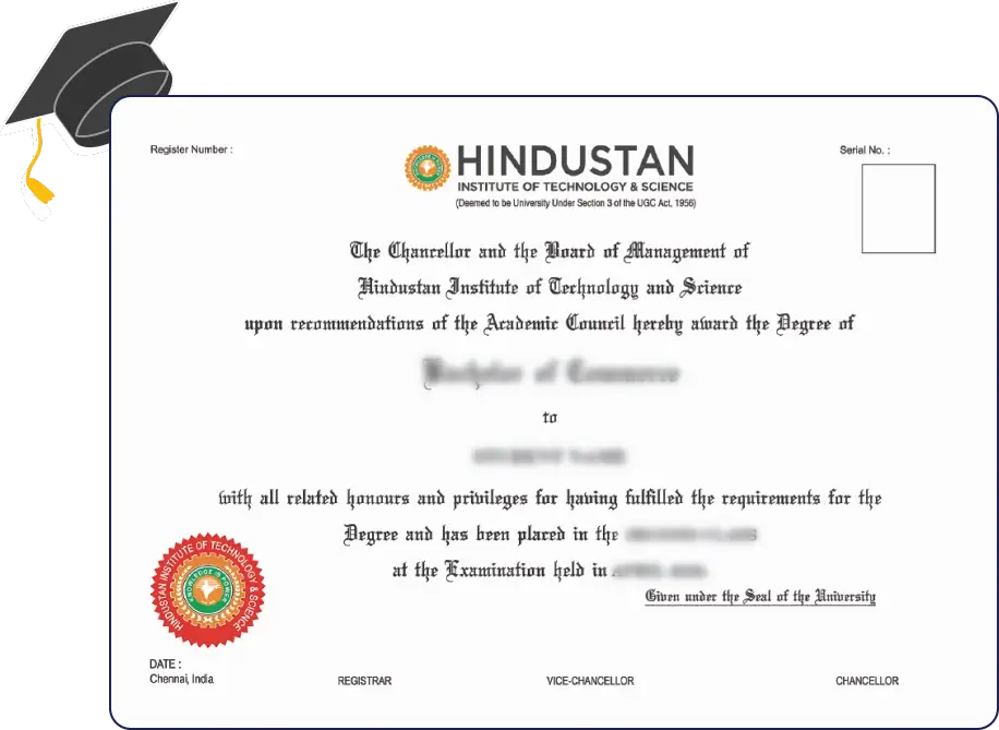 Hindustan University online degree certificate showcases accreditation, credibility & quality assurance for learners