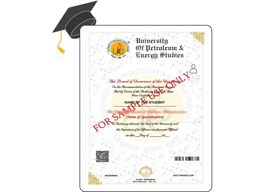 Official certificate layout for UPES Online MBA Oil and Gas Management with clean borders and formal academic styling