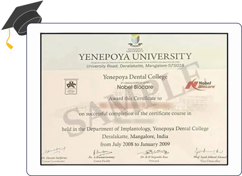Certificate issued by Yenepoya University recognizing academic completion with official seal, signatures, and formal design.